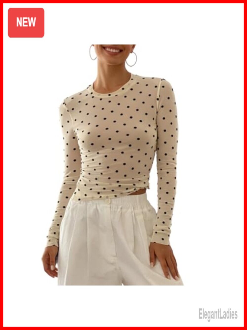 Polka Dot Mesh Long Sleeve Crop Top See Through Slim Fit Blouse Y2K